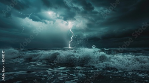 A dramatic shot of a lightning bolt striking over a stormy sea, with waves crashing against the shore.