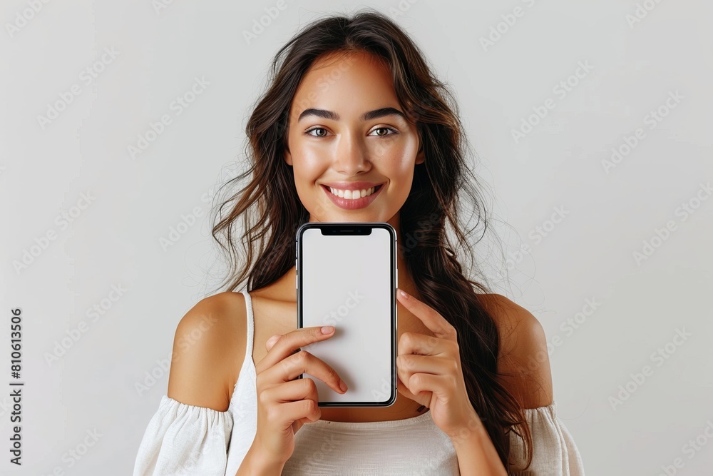 Woman Showcasing Smartphone Mockup created with Generative AI Woman Showcasing Smartphone Mockup created with Generative AI