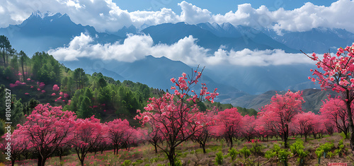 The cherry blossoms are in full bloom among the mountains.High quality photo