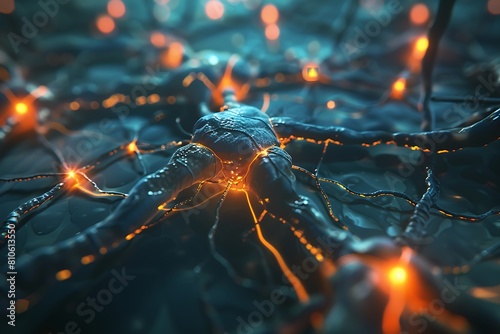 interconnected neurons with bioluminescent synapses, highlighting the complexity of the neural network