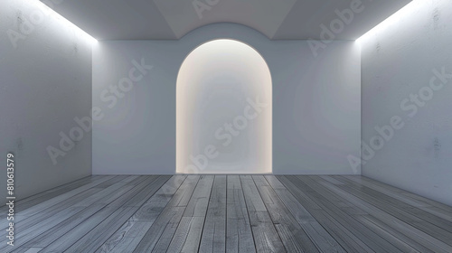 Wallpaper Mural 3D office space with a Norman arch, grey wooden floor, and gentle lighting. Torontodigital.ca