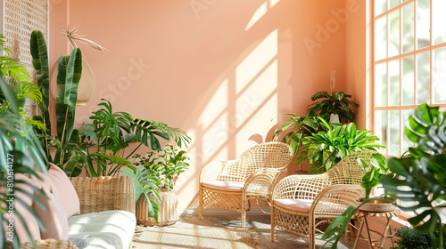 Peach-walled conservatory filled with plants and modern rattan furniture.