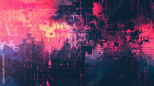 A digital pixel art abstract texture background, featuring a composition of pixelated shapes in a retro photo