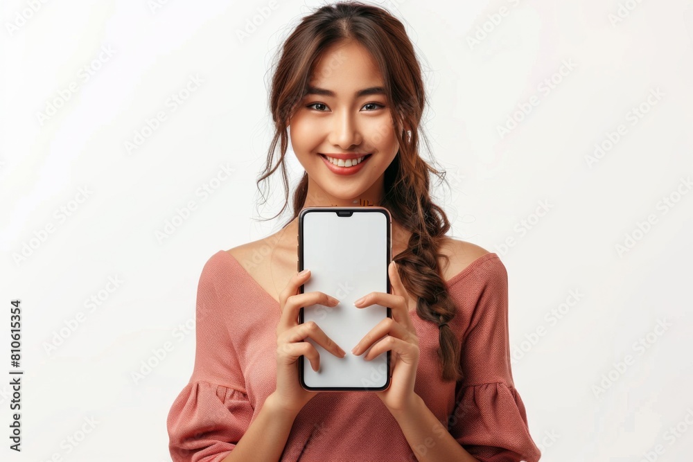 Woman Showcasing Smartphone Mockup created with Generative AI Woman Showcasing Smartphone Mockup created with Generative AI