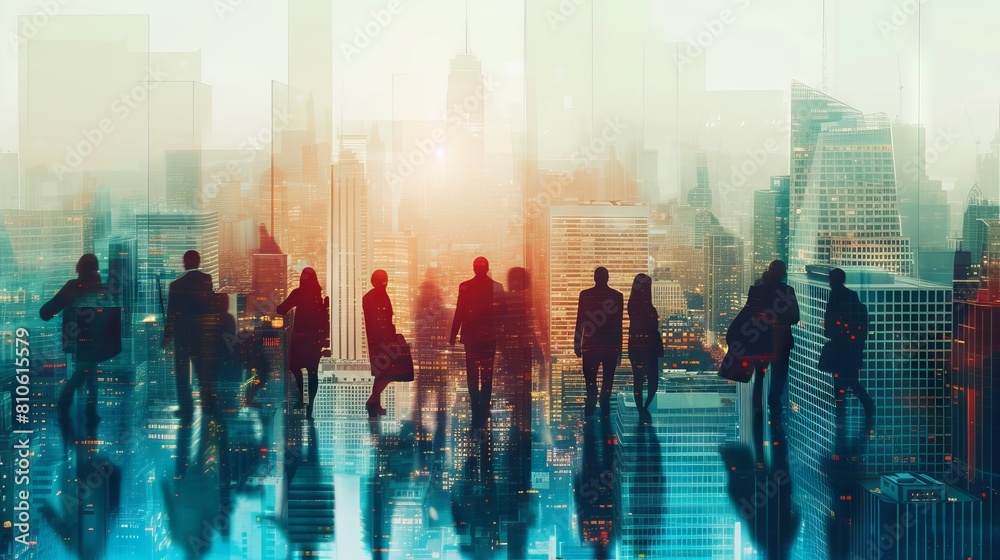 Obraz premium Dynamic graph displaying growth trends superimposed on energetic business professionals and soaring skyscrapers in a bustling metropolitan center