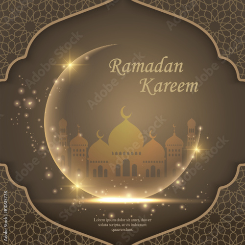 Golden tracery shimmering light crescengt moon and islam Mosque building. suitable for Ramadan, Raya Hari, Eid al Adha Islamic holiday