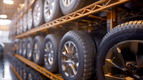 Tires stored on a rack in a workshop for vehicles awaiting tire replacements. Concept Vehicle Maintenance, Tire Storage, Workshop Organization, Automotive Repairs, Tire Replacements photo