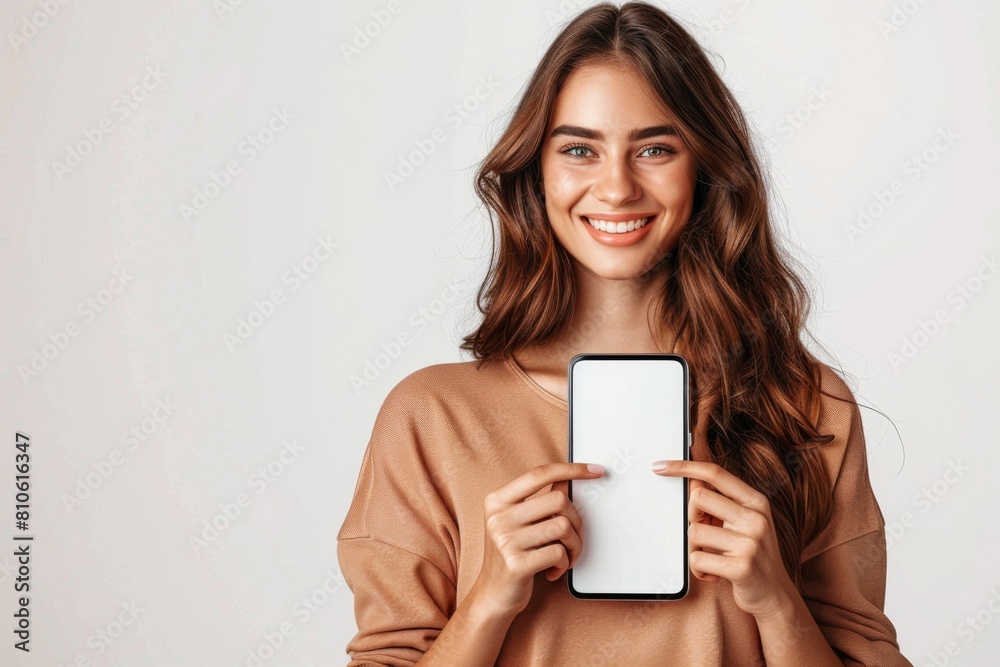 Woman Showcasing Smartphone Mockup created with Generative AI Woman Showcasing Smartphone Mockup created with Generative AI