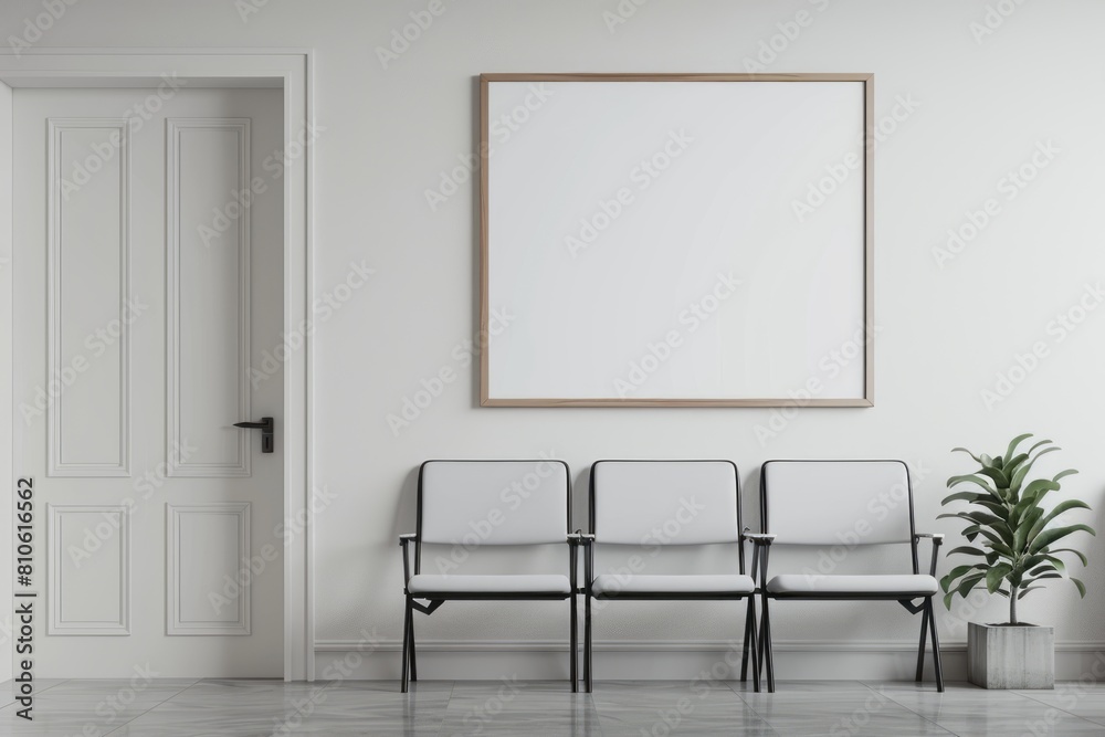 Fototapeta premium A blank white wall in the waiting room of an office building with three chairs and one door on it, a small plant next to them