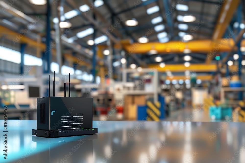 Naklejka premium 5G router with sleek design and prominent antenna array, placed prominently on a glossy surface.