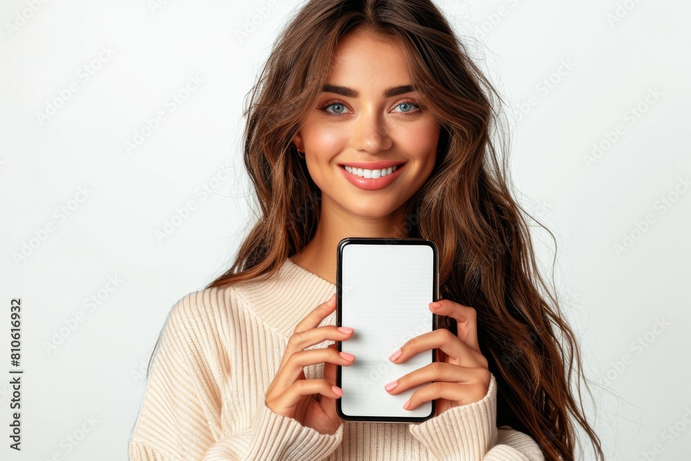 Woman Showcasing Smartphone Mockup created with Generative AI Woman Showcasing Smartphone Mockup created with Generative AI