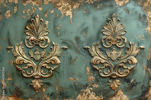 A print of two vintage French-style decorative relief designs on an aged green background. Created with AI