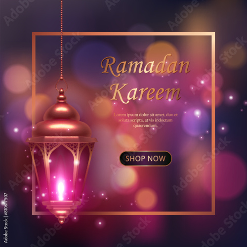 3D Islamic lantern with purple pink bokeh shimmering bacground. suitable for Ramadan, Raya Hari, Eid al Adha Islamic holiday