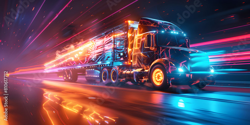 Delivery cargo transportation. Semi Truck Driving Down City Street at Night. Truck Abstract vector 3d heavy lorry van Highway road Isolated on dark blue background Transport