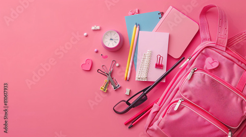 Stylish school backpack with different stationery supp photo