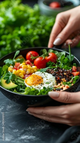 Fresh Organic Vegetarian Salad Bowl with Boiled Egg, Avocado, and Tomatoes in Hands