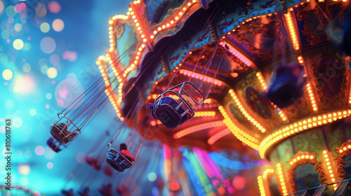 A whimsical carnival with fluorescent rides and attractions, vibrant, hd, with copy space