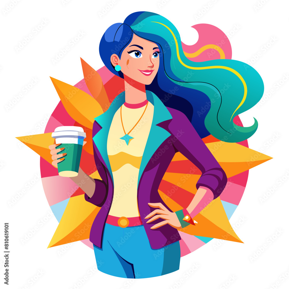 Beautiful Girl with Coffee Plastic Cup colorful watercolor illustration