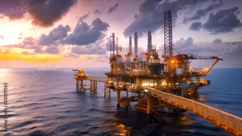 Extracting Gas and Crude Oil from an Offshore Oil Rig. Concept Oil Extraction, Offshore Production, Gas Harvesting, Drilling Technology, Energy Industry photo