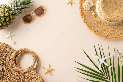 Dive into summer bliss: top view of straw hat, sunglasses, pineapple, woven bag, palm leaf, shells, and starfishes on a serene beige background, inviting summer vibes for your messages
