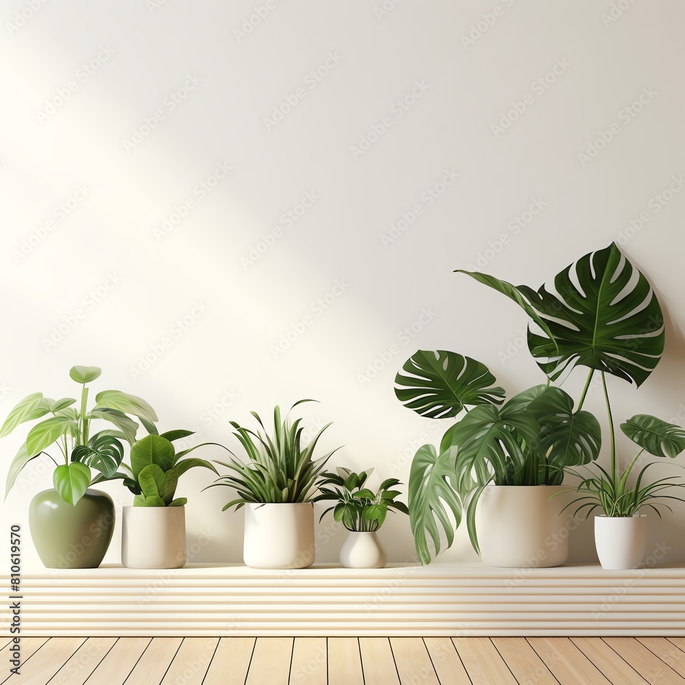 minimal many indoor plant plants, monstera, jade, snake plant, white pots standing at the wood wall with window mockup white clean, bright light