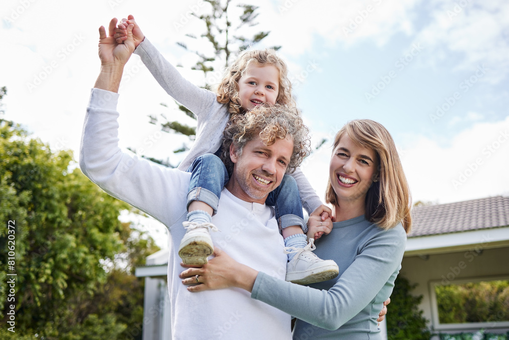 Fototapeta premium Mother, father and child in backyard portrait with smile, bonding and playful fun on calm summer weekend. Happy family, parents and girl kid together in home garden with embrace, love and support