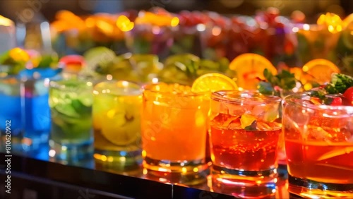 Colorful array of alcoholic cocktails displayed on a catering banquet table. Concept Catering, Alcoholic Drinks, Banquet Table, Colorful Cocktails, Displayed Arrangement photo