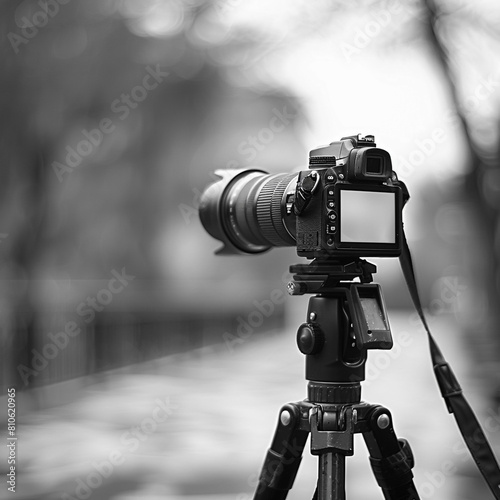 A black and white photo of a camera on a tripod, pointed at a vast mountain landscape.
