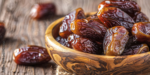 dates in wooden bowl on rustic table, generative AI photo