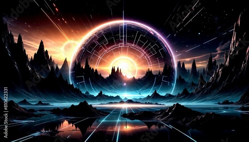 Abstract Futuristic Digital Scene with Glowing Orb and Lines on Dark Background