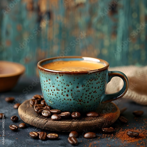 A professional product photography of a coffee cup in front of a vintage background