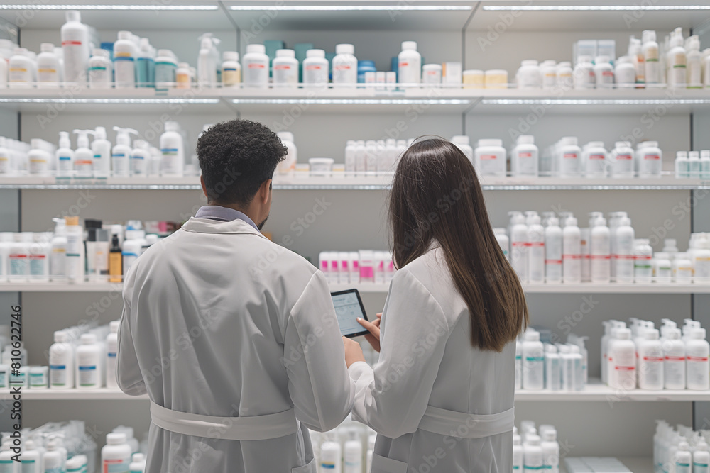 Obraz premium Two pharmacists in lab coats are checking the inventory of a pharmacy.