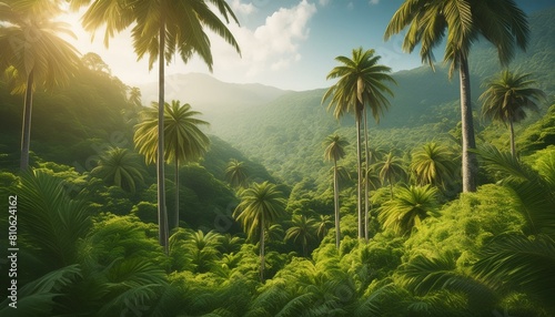 trees in the sun tropical forest with towering palm trees  the lush green foliage that envelops the landscape.