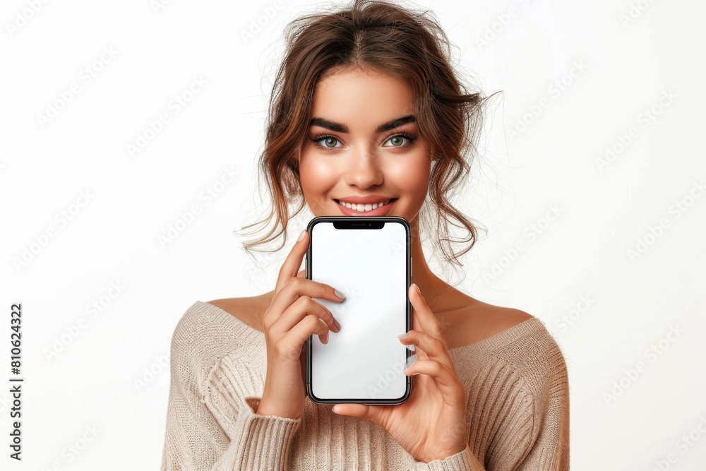 Woman Showcasing Smartphone Mockup created with Generative AI Woman Showcasing Smartphone Mockup created with Generative AI