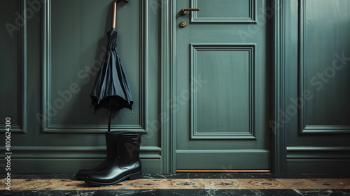 Stylish umbrella with gumboots in hall photo