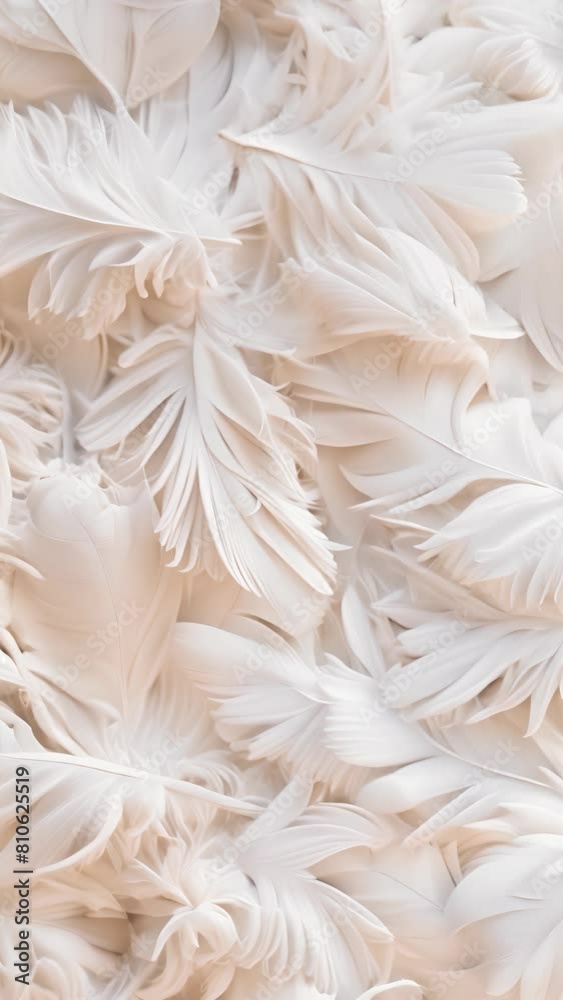 A close up of white feathers, appearing to be a different size and shape. The feathers are arranged in a way that creates a sense of depth and texture, with some feathers overlapping. Vertical video A close up of white feathers, appearing to be a different size and shape. The feathers are arranged in a way that creates a sense of depth and texture, with some feathers overlapping. Vertical video