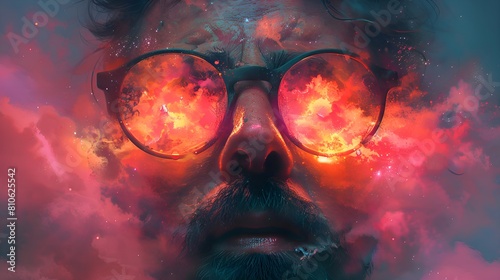 A man with glasses and a beard stares ahead with clouds and a galaxy in the background photo