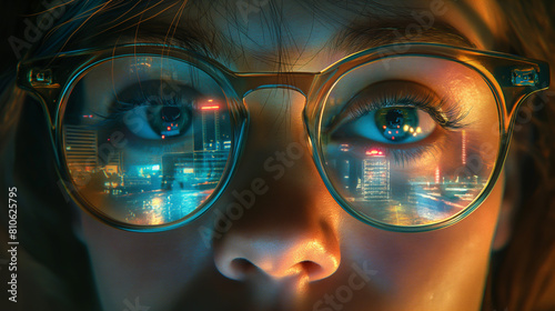 Thoughtful young woman wearing glasses with city lights reflection on the lens. © VRAYVENUS