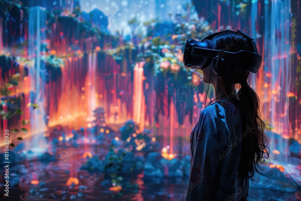Fototapeta premium A woman wearing a virtual reality headset stands in front of a waterfall