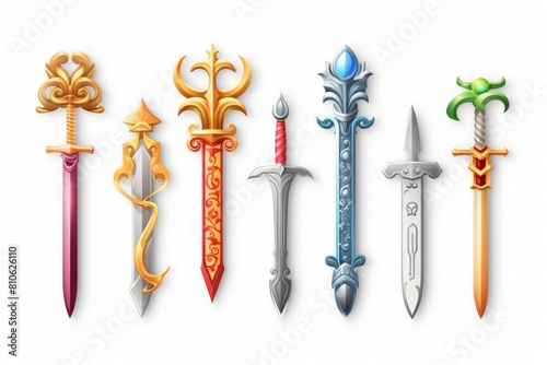 3D graphics of fantasy weapons, various long swords, white backgrounds for game design.