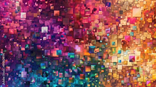 A digital glitch abstract texture background  featuring a mosaic of pixelated squares in vibrant colors  creating a sense of movement and distortion.