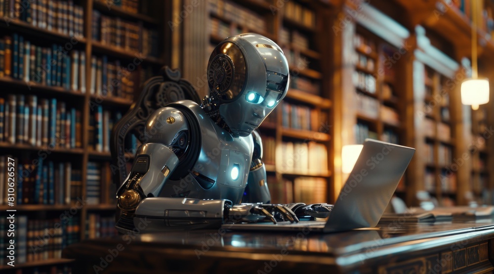 Robot using laptop in library Robot using laptop in library
