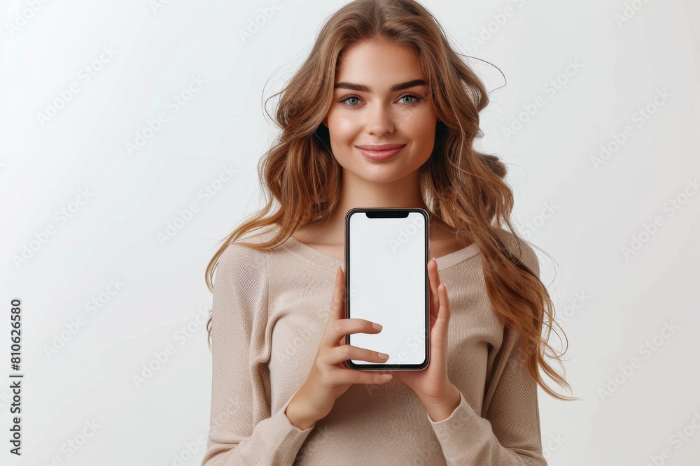 Woman Showcasing Smartphone Mockup created with Generative AI Woman Showcasing Smartphone Mockup created with Generative AI