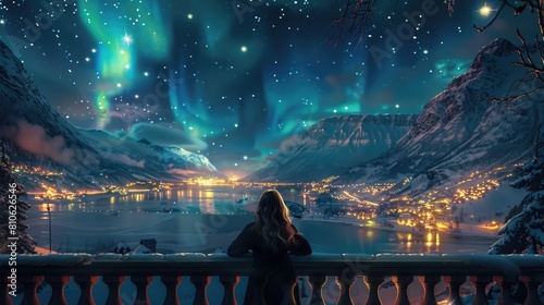 Woman stands at night on a beautiful old balcony of a luxurious mansion overlooking the northern lights.