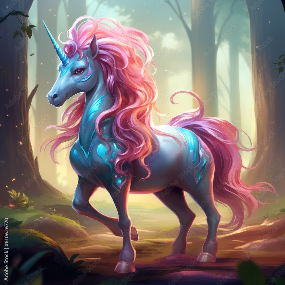 Naklejka premium Magical unicorn with a luxurious pink mane. Against the backdrop of a forest landscape.