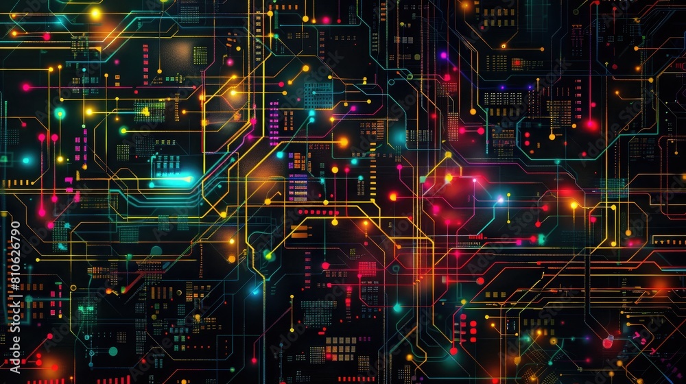 A digital circuit board abstract texture background, featuring a maze of colorful wires and circuits, creating a futuristic, tech-inspired look.