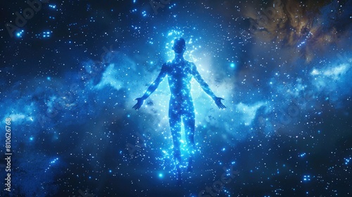 Silhouette of a man in the rays of a shining aura around his body against the backdrop of outer space with stars. The theme of awakening energy and discovering magical abilities.