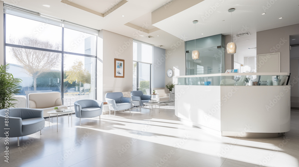 Dental reception area with comfortable seating and friendly staff. Modern design, photo shot Dental reception area with comfortable seating and friendly staff. Modern design, photo shot