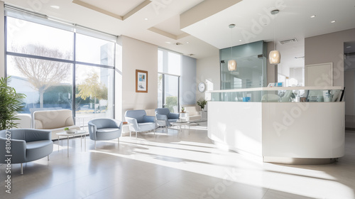 Dental reception area with comfortable seating and friendly staff. Modern design, photo shot