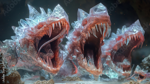 Three-headed ice dragon with opened mouth full of sharp teeth © VRAYVENUS